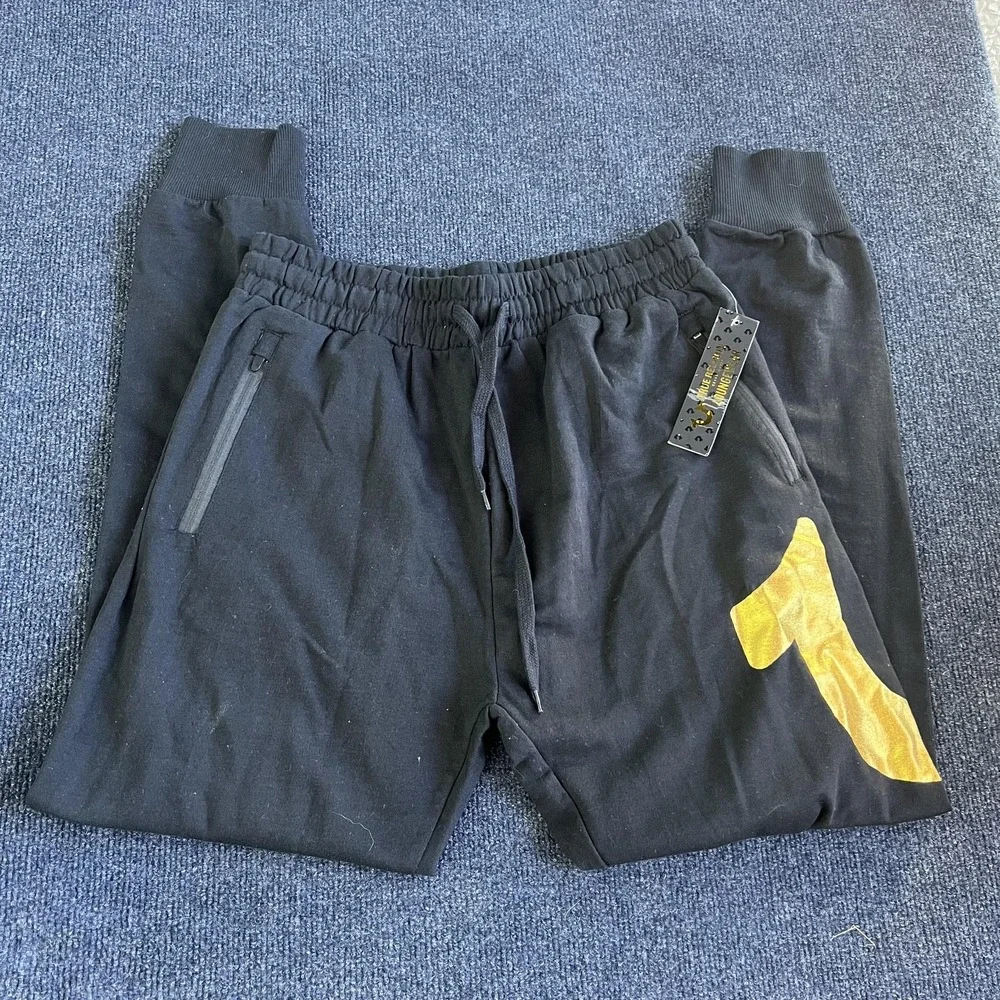True Religion‎ Pants Mens Small Black Joggers Loungewear Gold Logo Sweatpants